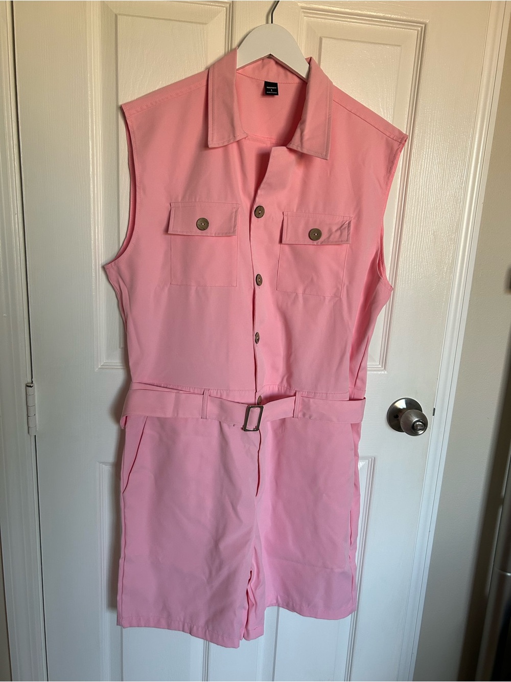 Sleeveless Y2K Barbie Pink Manfinity Utility Romper with Belt & Cargo Pockets